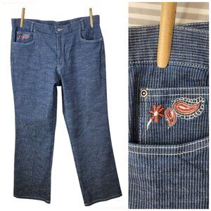 Sag Harbor Denim Blue Jeans 16W 16 37x30.5 Boot Cut Conductor Stripe Embroidered